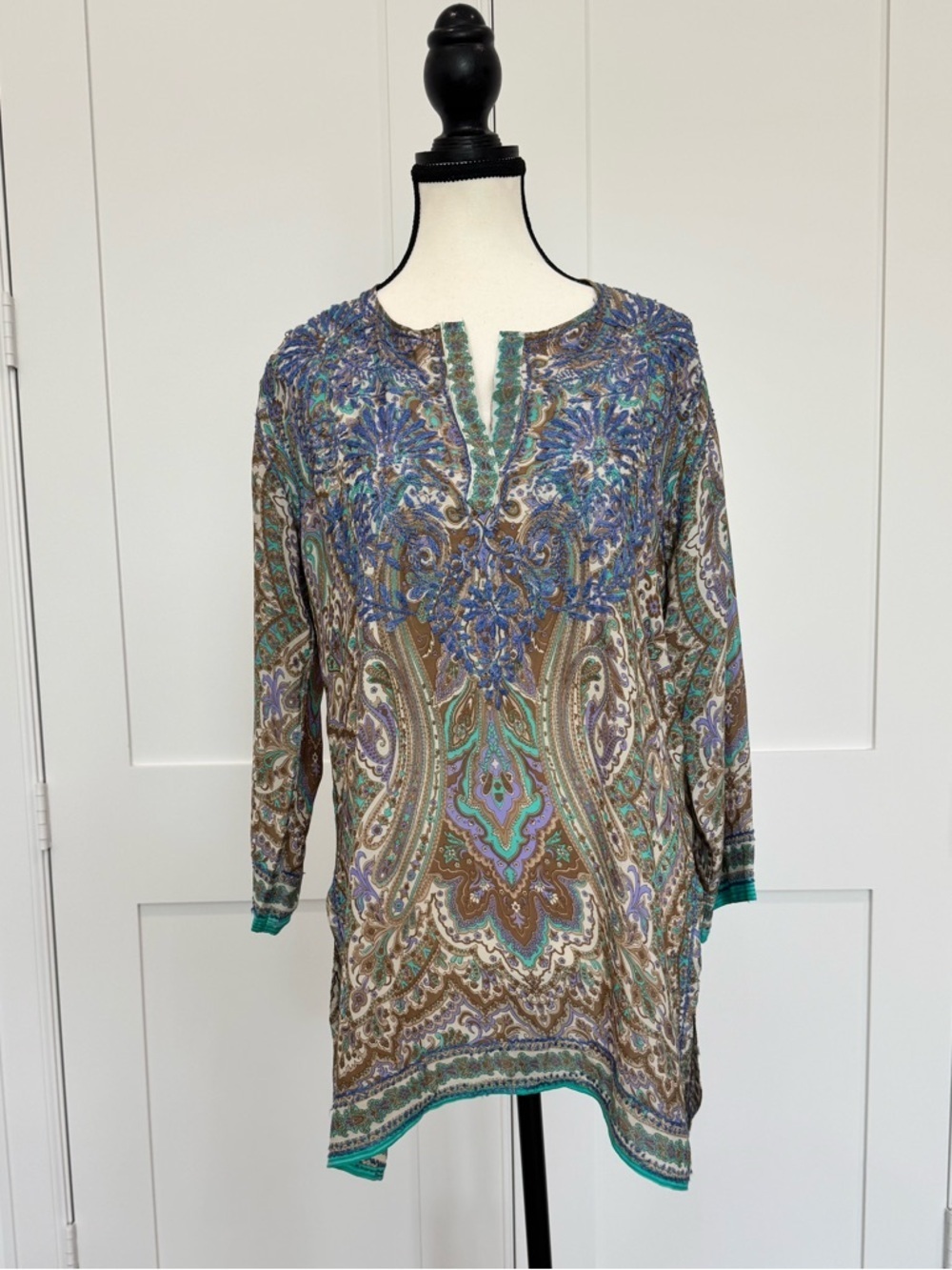 🤎 Gretchen Scott Paisley Tunic 💜 | Brown, Purple & Teal Embroidered Top Size S